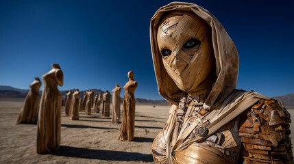 Una modella in piedi in un deserto di manichini a grandezza naturale. identit&agrave; moltiplicata e svuotata, corpo come costume, surrealismo concettuale