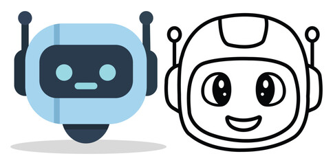 This innovative graphic presents two distinct robot heads side-by-side, showcasing a modern, flat-design blue robot with a neutral expression and sleek antennae, alongside a charming black outline rob