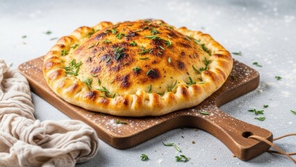 Golden brown savory pie on wooden board with herbs