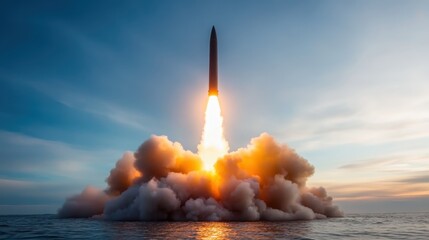 A powerful rocket takes off with an impressive plume of flames and smoke against a clear sky, symbolizing technological advancement and the spirit of exploration beyond Earth.