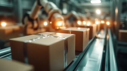 An industrial setting featuring advanced robotic arms efficiently packing boxes on a conveyor belt, illustrating the integration of technology and productivity in modern operations.