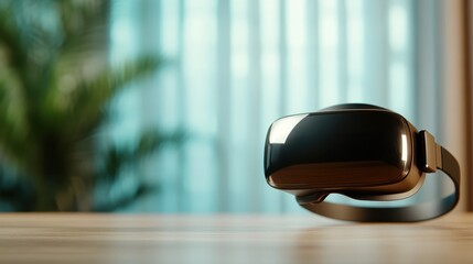 A modern virtual reality headset rests on a styled wooden table, representing the cutting-edge technology and immersive experience that defines today's digital entertainment landscape.