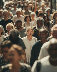 Large crowd of people walking along a city street in daylight. Diverse individuals moving together create a sense of everyday urban life, routine and movement in a modern city.