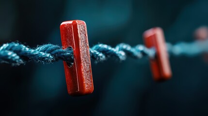 A vivid close-up of a red clip fastening a blue rope, highlighting intricate textures and colors that convey connection and stability in a minimalist design.