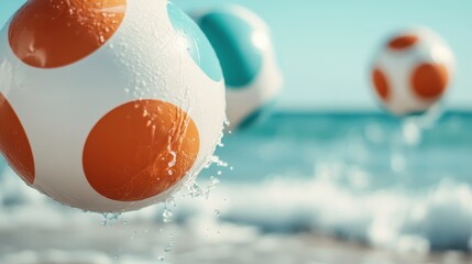 Three colorful beach balls burst from the ocean waves, creating a playful scene that captures the joy and recreation of summer days spent by the water.