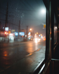 Night city street with wet road and blurred lights seen through rainy window. Urban atmosphere, transportation mood, evening traffic and city lifestyle concept.