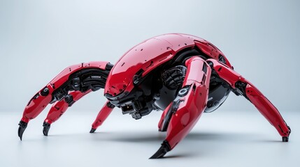 This image features a striking red mechanical spider robot, blending technology with artistry, showcasing intricate details that highlight innovation in robotics and design.