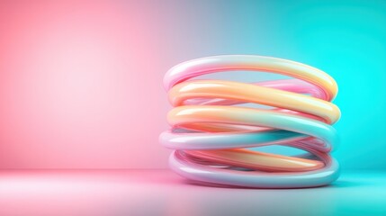 This image features vibrant, colorful rings stacked together, creating a dynamic and playful atmosphere, set against a soft gradient background that evokes emotion.