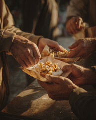 Close-up of people&rsquo;s hands sharing street food wrapped in paper at an outdoor market. Warm evening light, casual interaction, food culture and social moment. AI generated illustration.