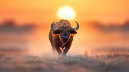 A majestic buffalo appears silhouetted against a stunning sunset, highlighting the beauty of wildlife and nature and invoking a sense of freedom and tranquility in the viewer.