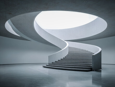 Elegant modern spiral staircase made of smooth concrete under a large circular skylight showcasing minimalist architectural design with soft natural lighting and ref