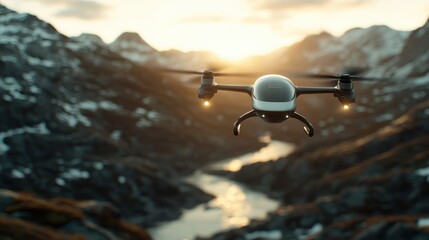 A sleek drone hovers over a breathtaking mountain landscape at sunset, capturing stunning views of rivers and valleys, illustrating the marvels of technology in nature photography.