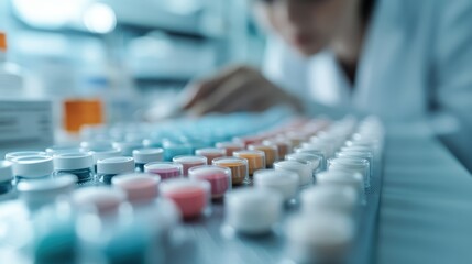 Obraz premium An organized arrangement of colorful vials in a lab, symbolizing scientific research and innovation, with a blurred figure working diligently in the background.