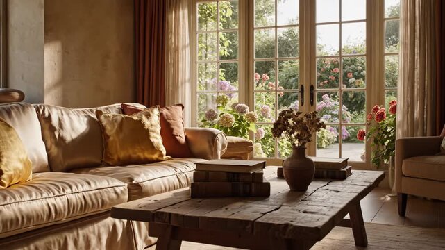 Warm and cozy living room interior with sofa and coffee table near window 4k video