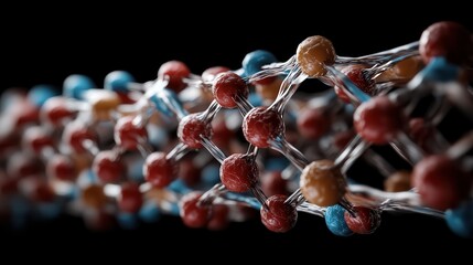 An abstract representation of molecular structure showcases intricate bonds and connections, symbolizing science, innovation, and the complexity of life at a microscopic level.