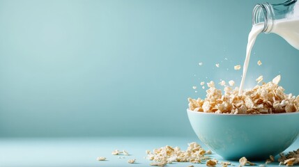 An enticing image of milk being poured over a bowl of crisp cereal, showcasing the allure of a wholesome breakfast and the simple joys of everyday life and comfort.