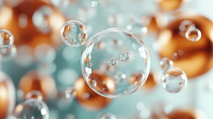 This close-up image of bubbles floating gracefully against a soft blue background captures the beauty of light and reflection, evoking feelings of lightness and tranquility.