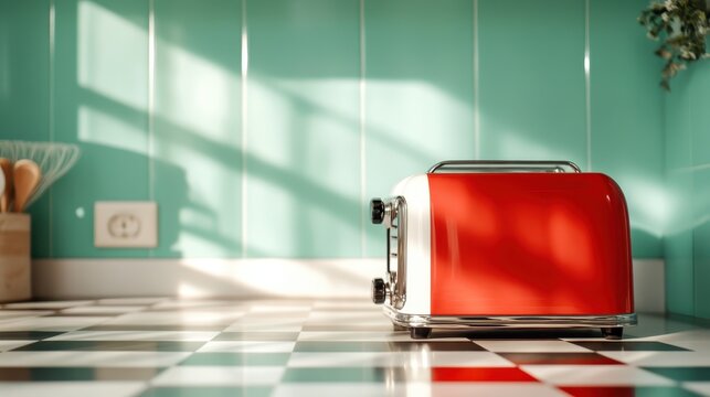 A modern red toaster sits elegantly in a stylish kitchen under soft sunlight, showcasing contemporary design elements and inviting a sense of warmth and functionality.
