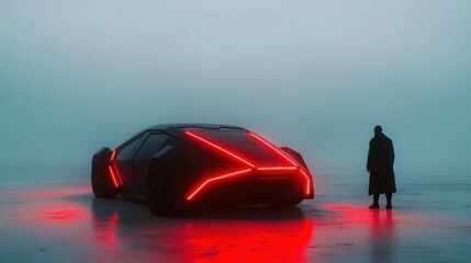 A sleek and modern vehicle with bright red neon lights parked in a foggy landscape, creating a sense of futurism and a captivating visual that draws attention.