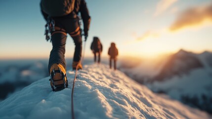 A group of climbers ascends a snowy peak at sunset, capturing the spirit of adventure, resilience, and the breathtaking beauty of nature in an inspiring depiction of exploration.