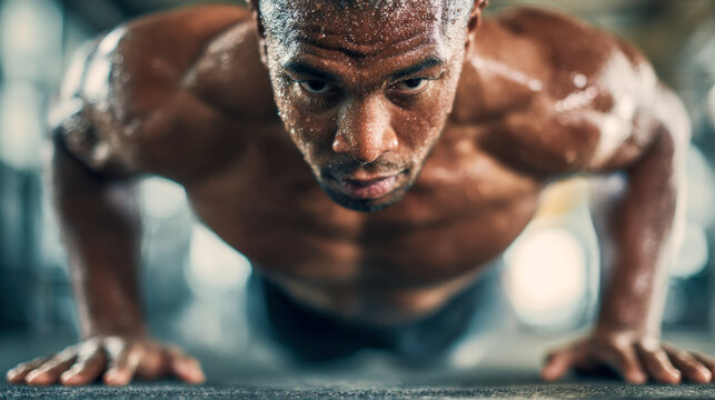 Determined muscular man sweating and focused while performing push-up exercise indoors in gym to build chest and upper body strength