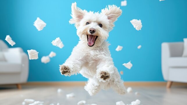 A fluffy white puppy happily jumps amidst scattered soft objects in a bright living room, epitomizing joy, playfulness, and the lovable spirit of canine companions.