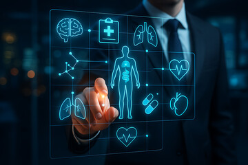 Futuristic medical technology innovation with businessman using holographic healthcare screen displaying human body data