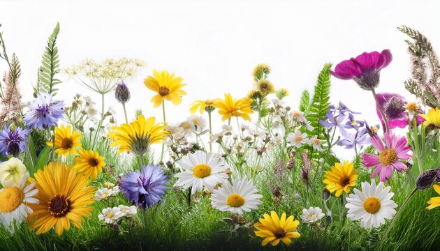 Lush Wildflower Meadow Border Isolated On White Background Eye Level Shot Vibrant Springtime Flora And Greenery