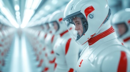 A lineup of futuristic humanoid robots stands prepared, showcasing advanced technology and design, raising questions about humanity, automation, and the future of work.