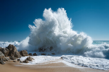 Majestic ocean waves crashing powerfully against rugged rocky shore under clear blue sky on a sunny day at the beach