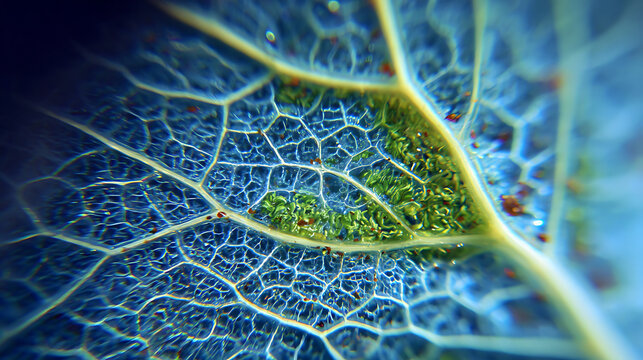 A close-up view of a leaf under a microscope inside a biology lab