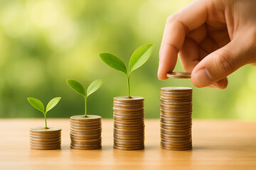 Hand stacking coins with green plants growing symbolizing financial investment wealth growth savings and sustainable economic prosperity