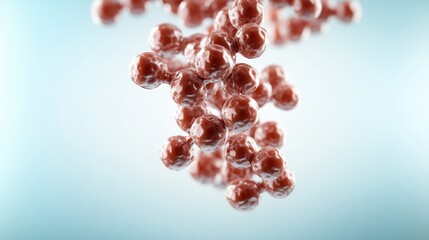 This abstract image features a cluster of red molecules floating against a soft blue background, visualizing concepts of science, chemistry, and cellular structures in a captivating way.