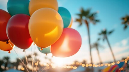 A vibrant collection of colorful balloons against a bright blue sky, evoking feelings of celebration, joy, and the carefree spirit of outdoor festivities.