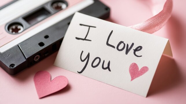 Handwritten I love you note placed beside vintage cassette tape on pink background. Retro romantic still life with paper hearts. Analog love, nostalgia, affection and timeless romance concept