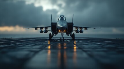A sleek military jet stands poised on a rain-soaked runway, set against a dramatic sky, reflecting strength, precision, and power alongside the challenges of flight and warfare.