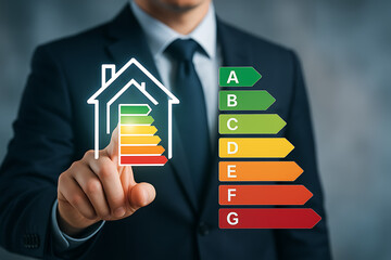 House energy performance scale optimization with businessman improving sustainability renewable power and environmental saving