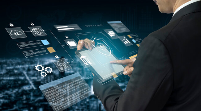 A businessman engages with an innovative digital interface that showcases data security and analytics in a vibrant urban setting, symbolizing modern business practices. Gantry - Powered by Adobe
