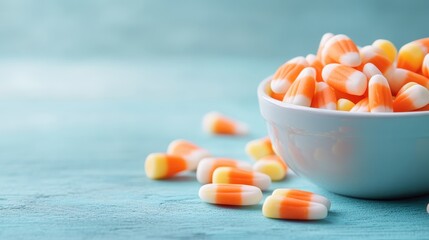 A vibrant collection of candy corn pieces fills a white bowl, conveying a fun, festive spirit, and showcasing the seasonal delight of autumn treats on a tabletop.