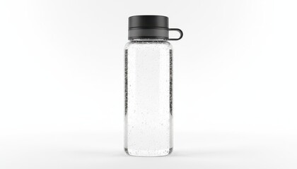 Reusable Clear Glass Water Bottle with Bubbles and Black Cap Isolated on White Background