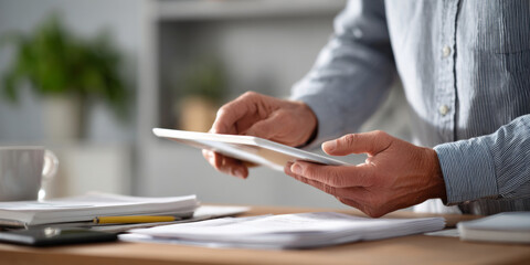 Close-up of person holding digital tablet over desk with documents and coffee cup in modern environment