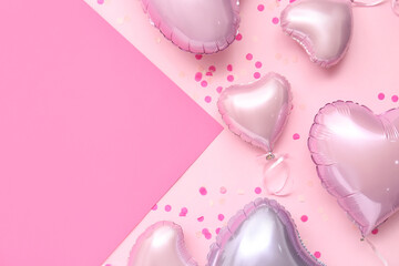 Fototapeta premium Heart shaped air balloons with confetti on color background. Valentine's day celebration