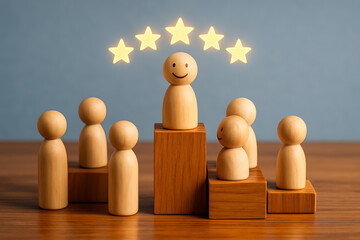 Leadership and recognition concept with wooden figures showing team success and best performance represented by five star rating reward system