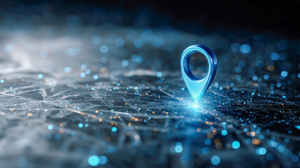 Futuristic digital map with glowing location marker highlighting advanced navigation and connectivity in a networked urban environment at night
