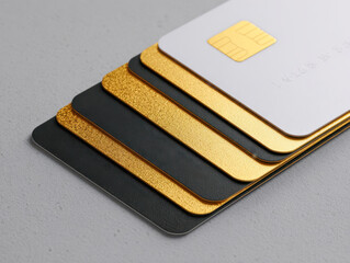 Elegant stack of black, gold, and white smart cards with embedded microchips arranged on a gray textured surface showcasing modern technology and security design