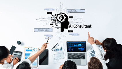 A modern office scene showcasing professionals engaged in a collaborative project, focusing on AI consulting, data visualization, and optimizing code for better outcomes. Trope