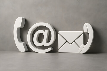 Modern 3D rendering of communication icons including phone email and at sign representing contact connection messaging and digital support