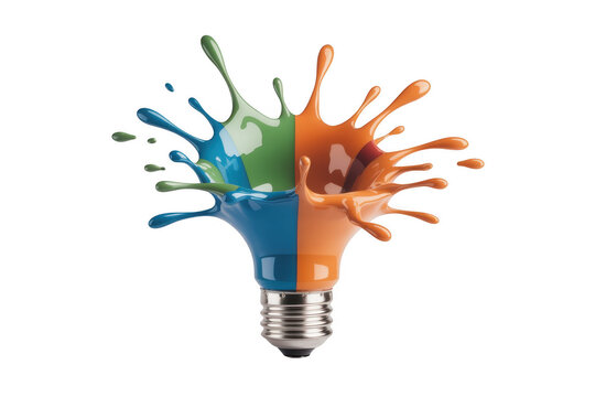 Colorful light bulb with paint splatters isolated on a transparent background - Powered by Adobe