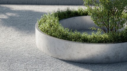 Modern minimalist garden landscaping with a circular concrete planter, green thriving plants, and a small tree, creating a serene urban design on a gravel ground