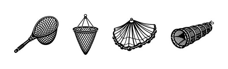 Fishing tools vector icons set: nets, traps, seafood catching equipment